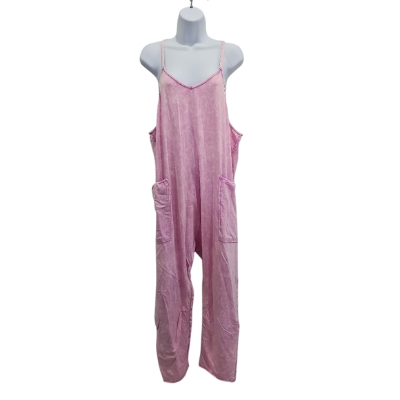 New Zenana Pink Sleeveless Jumpsuit Pockets Size S M L XL Mineral Wash - Picture 3 of 3